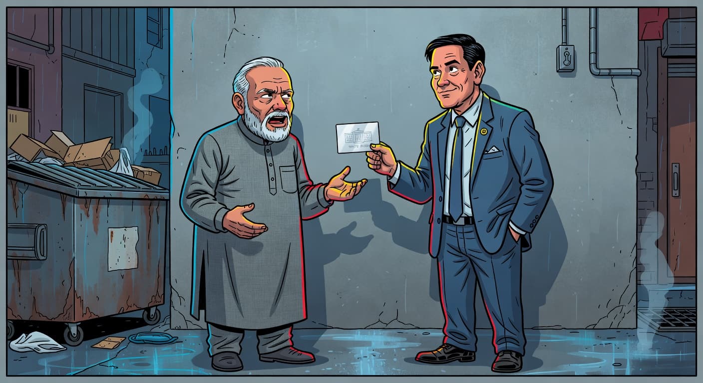 Absurdity Audit: Rubio Flashes White House Card at Modi — Politics satirical illustration · SPICY tier · Roast Station editorial