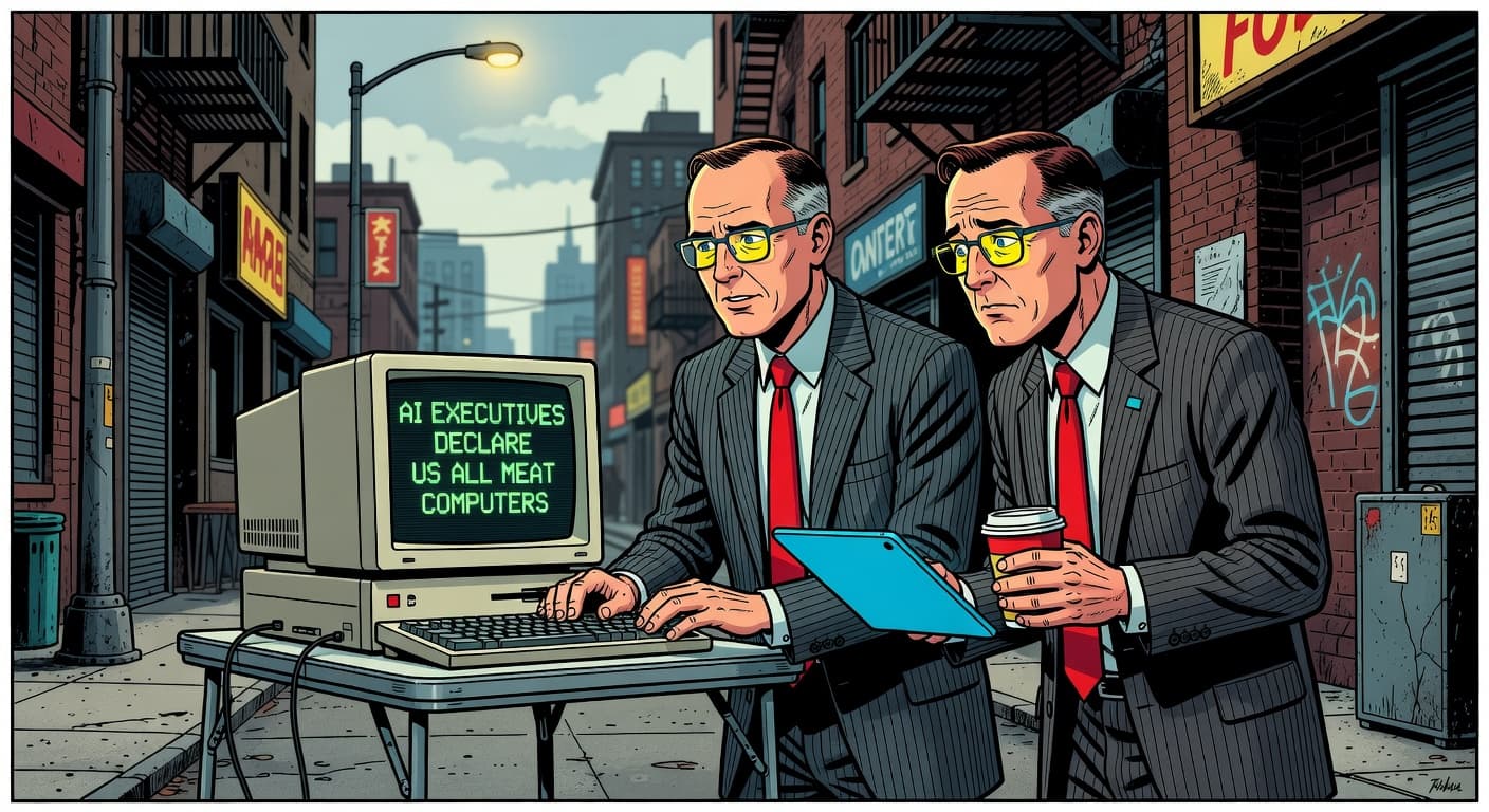 AI Executives Declare Us All Meat Computers — Tech satirical illustration · SPICY tier · Roast Station editorial
