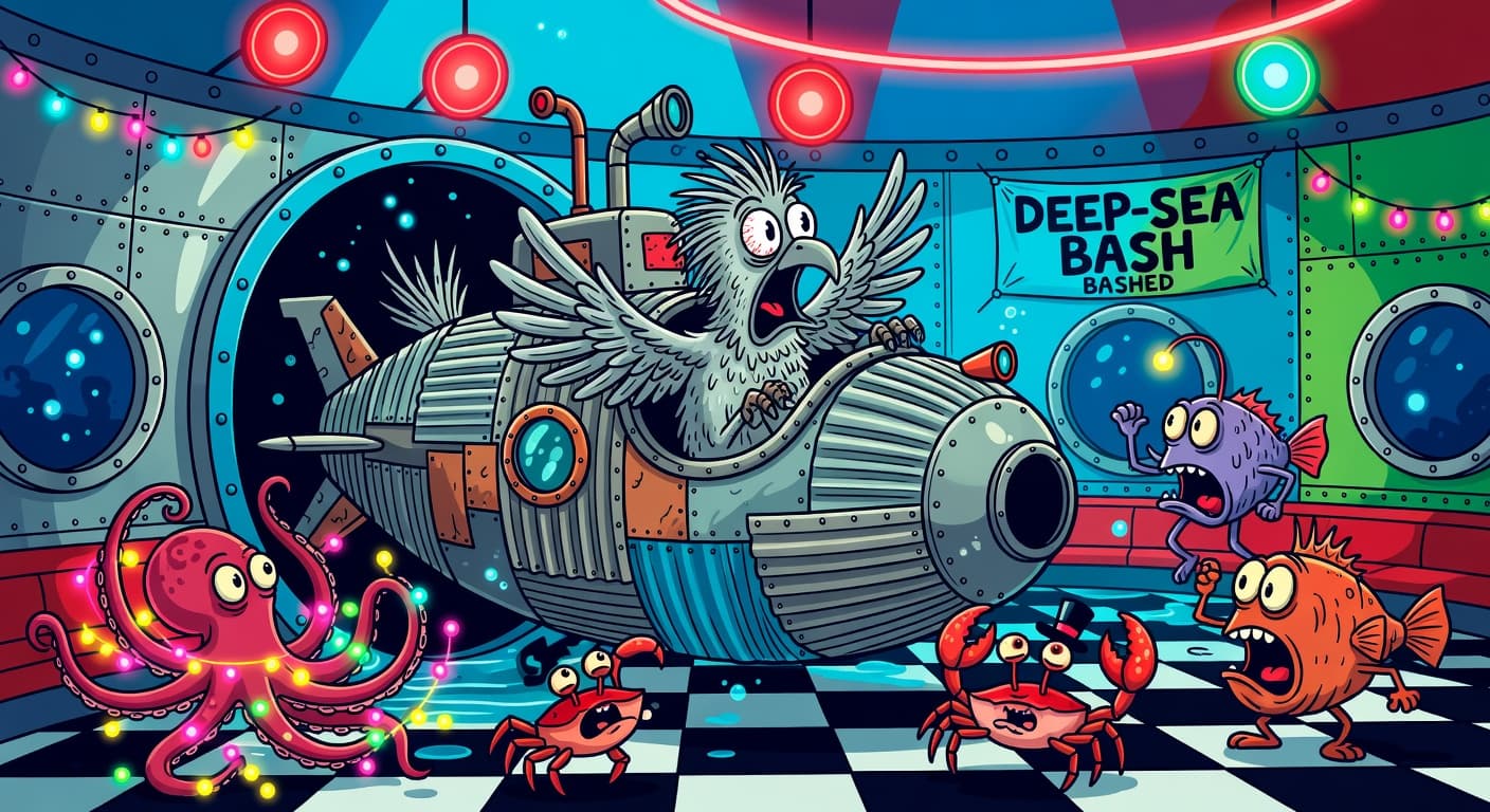 Bird Crashes Deep-Sea Party in Homemade Sub — Entertainment satirical illustration · MEDIUM tier · Roast Station editorial