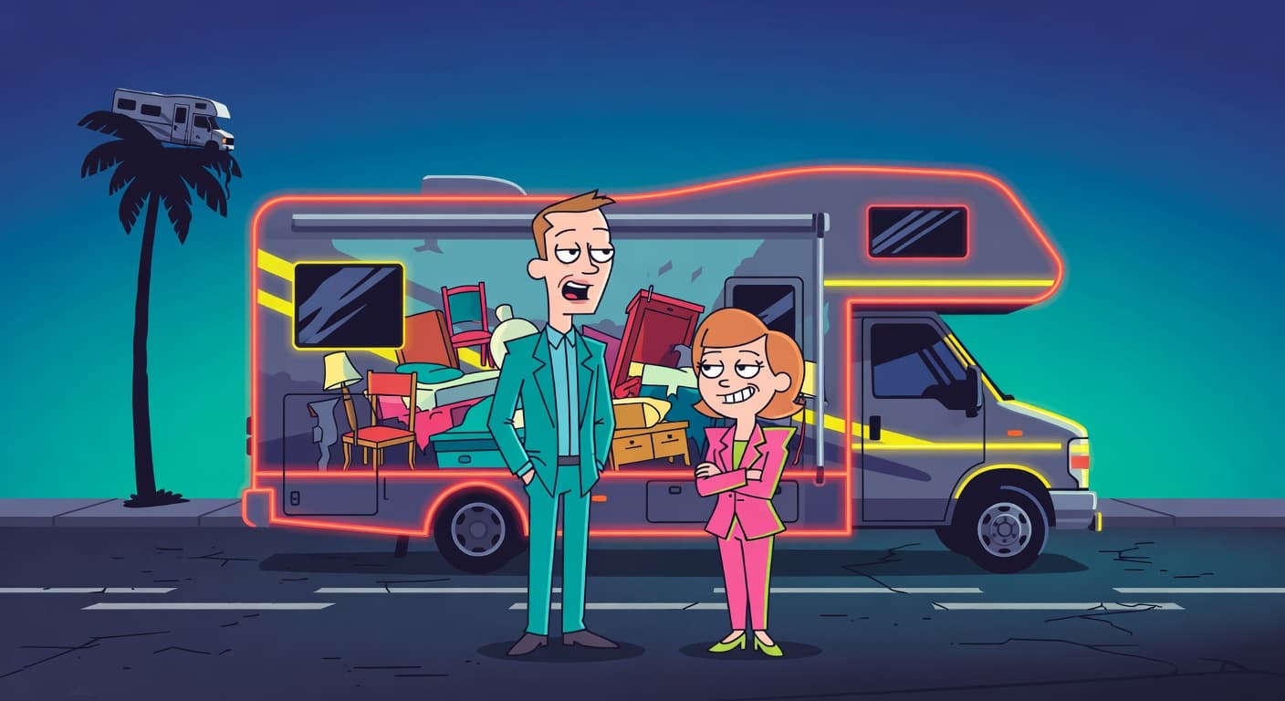 California's RV Crackdown Turns Homelessness Crisis Into Eyesore Theater — Politics satirical illustration · MEDIUM tier · Roast Station editorial