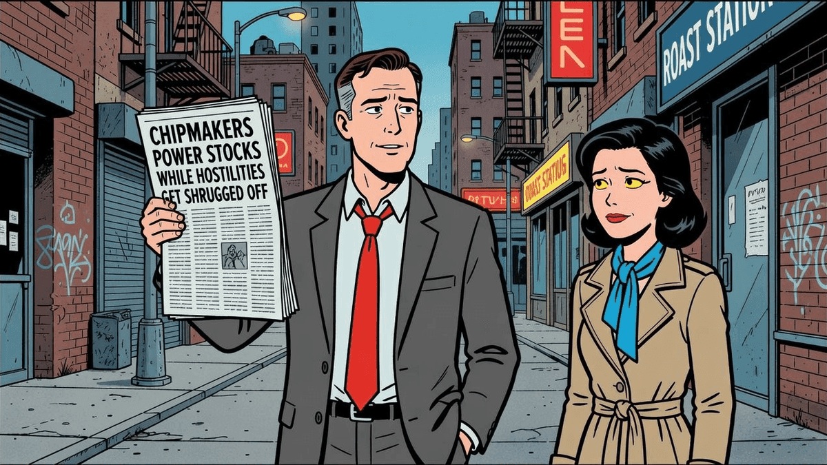 Chipmakers Power Stocks While Hostilities Get Shrugged Off — Finance satirical illustration by Roast Station