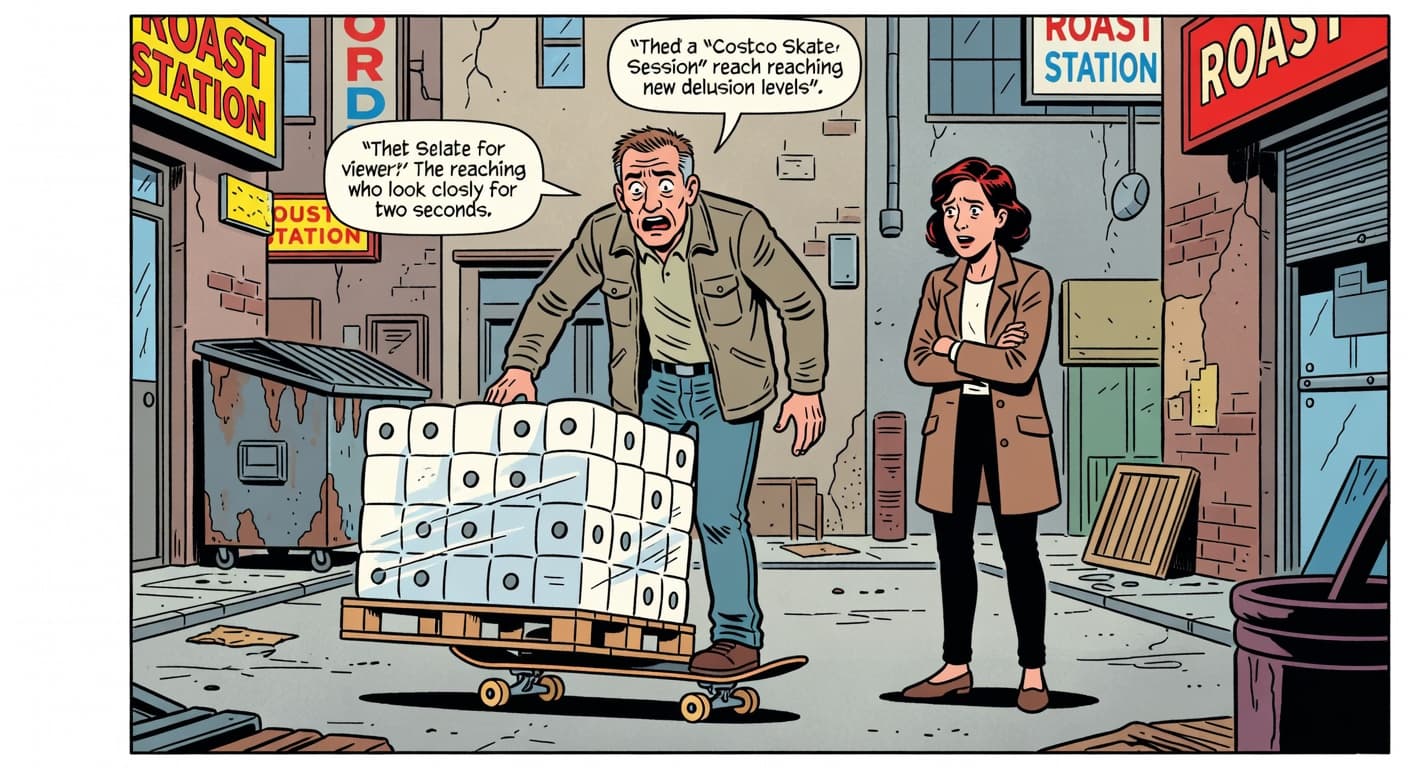 Costco Skate Session Hits New Delusion Levels — Culture satirical illustration · SPICY tier · Roast Station editorial