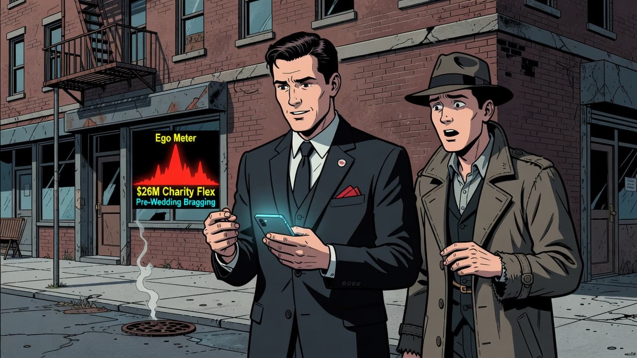 Ego Meter Spikes as $26M Charity Flex Drops Pre-Wedding — Celebrities satirical illustration by Roast Station