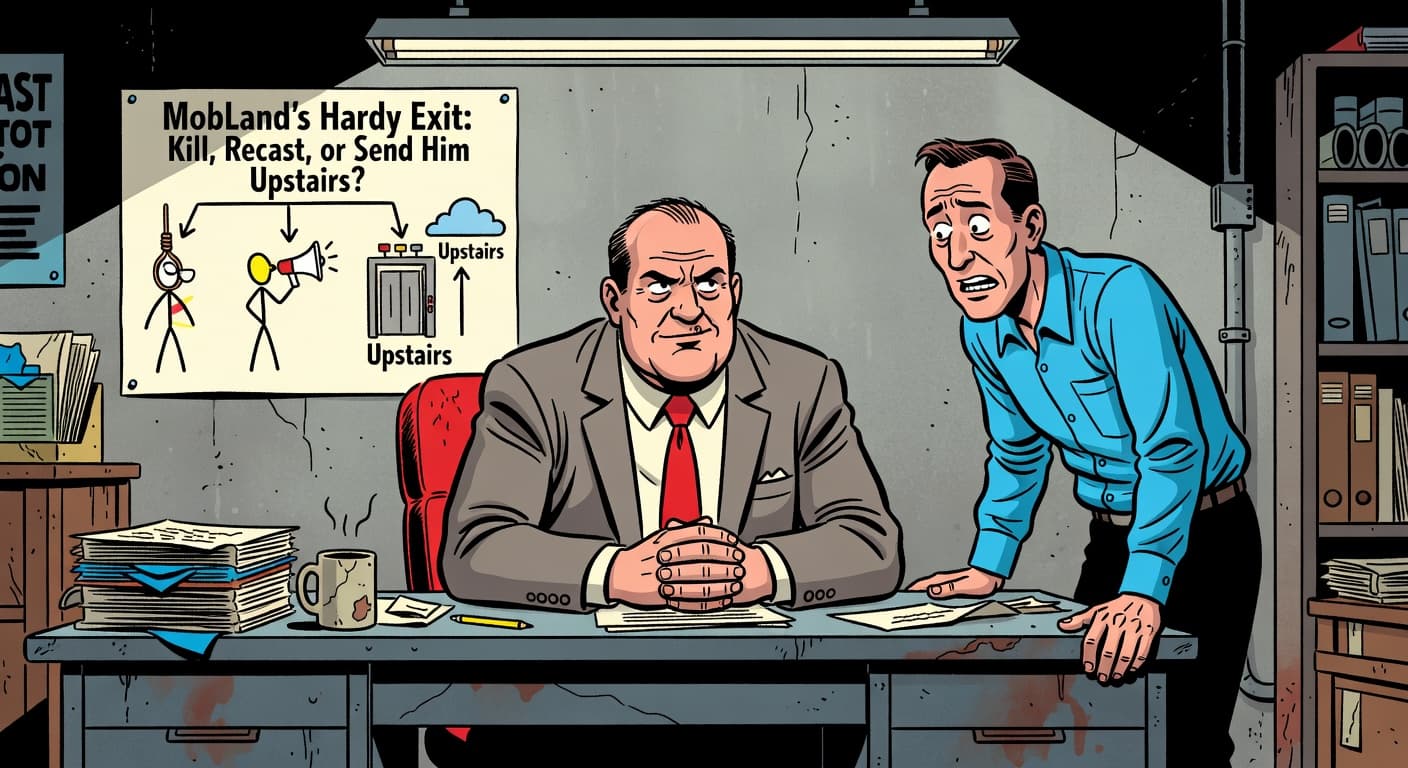 MobLand's Hardy Exit: Kill, Recast, or Send Him Upstairs? — Entertainment satirical illustration · SPICY tier · Roast Station editorial