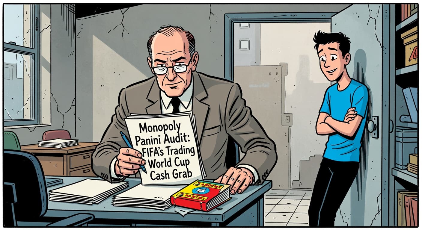 Monopoly Panini Audit: FIFA's Trading World Cup Cash Grab — Sports satirical illustration · SPICY tier · Roast Station editorial