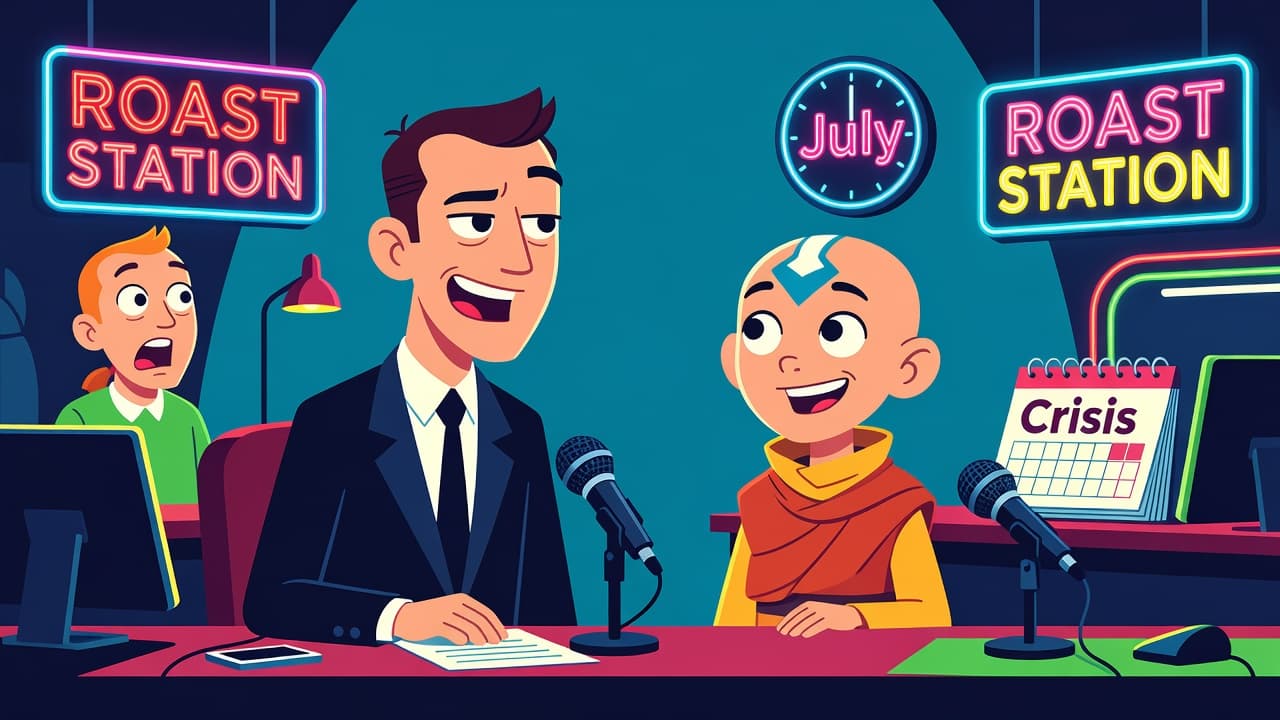 Paramount Shifts Avatar Aang Film to July Crisis Slot — Entertainment satirical illustration by Roast Station