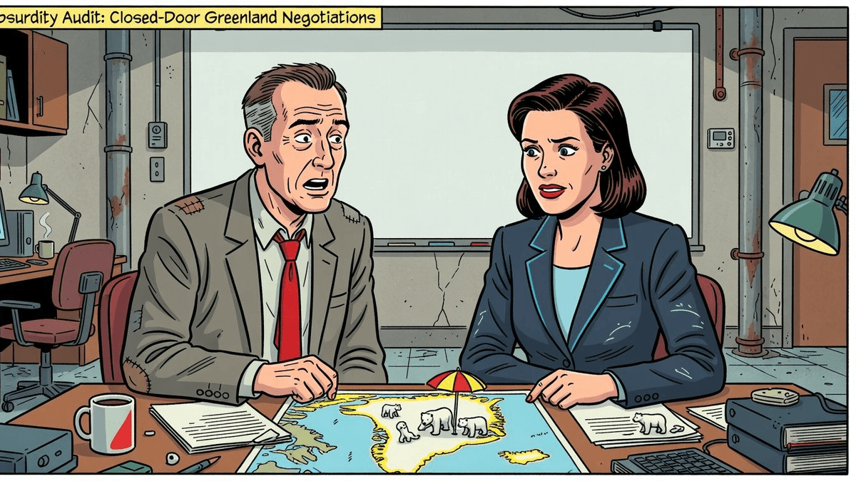Absurdity Audit: Closed-Door Greenland Negotiations — Politics satirical illustration by Roast Station