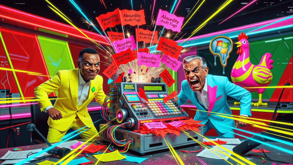 Absurdity Audit Flags Microsoft $530B Month — Finance satirical illustration · SPICY tier · Roast Station editorial
