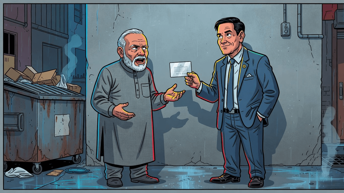 Absurdity Audit: Rubio Flashes White House Card at Modi — Politics satirical illustration by Roast Station
