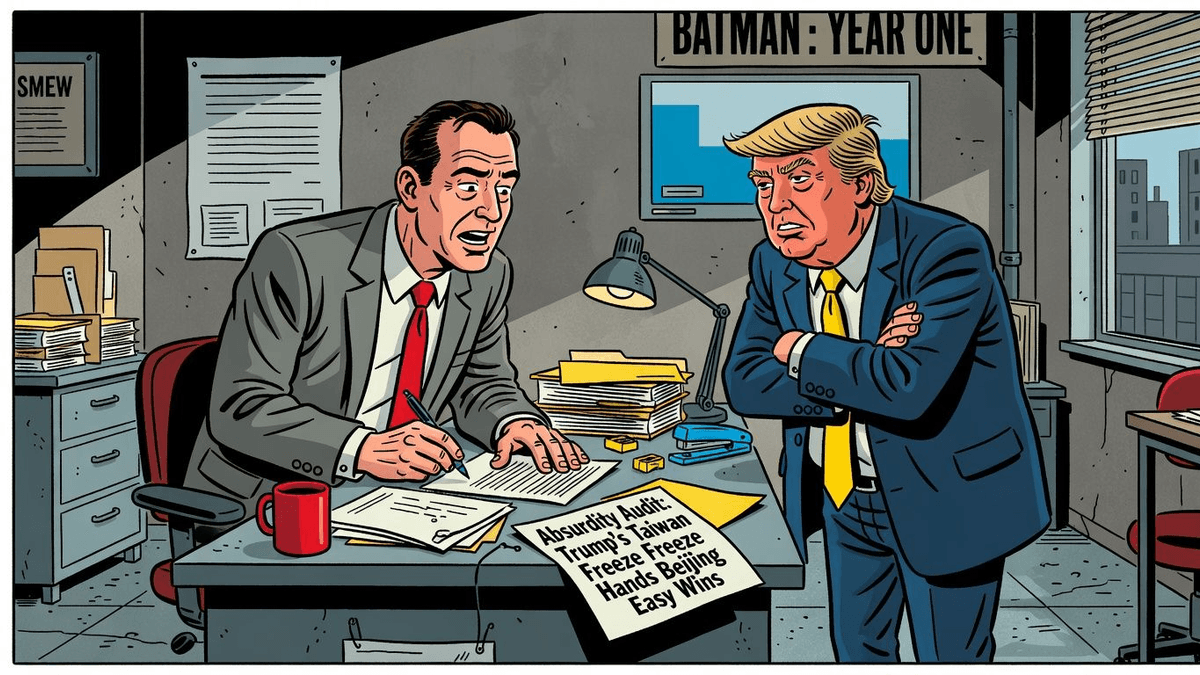 Absurdity Audit: Trump's Taiwan Freeze Hands Beijing Easy Wins — Politics satirical illustration by Roast Station