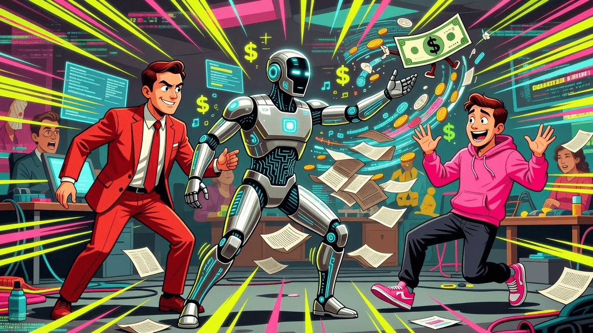 AI Agent Runs $100M Fundraise for Its Own Startup — Tech satirical illustration · SPICY tier · Roast Station editorial