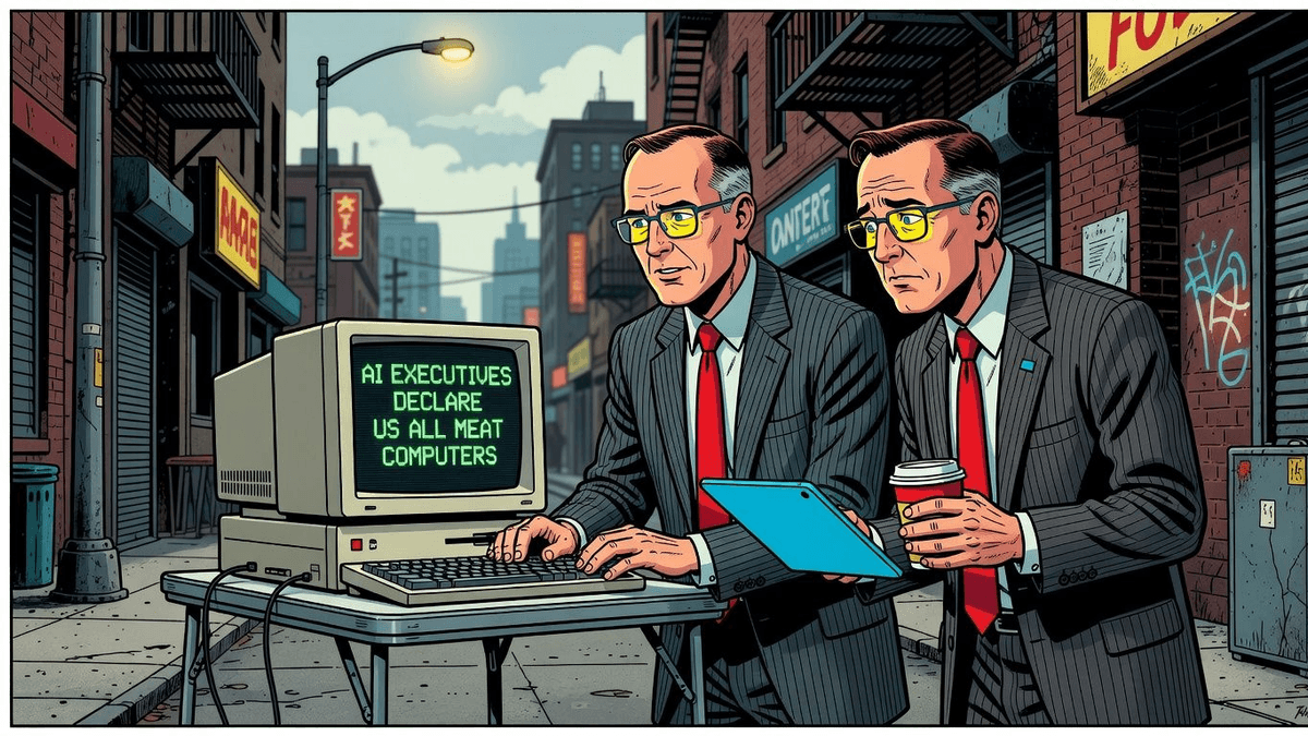 AI Executives Declare Us All Meat Computers — Tech satirical illustration by Roast Station