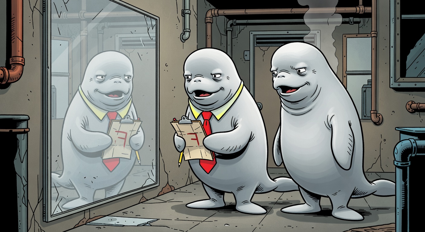 Belugas Audit Themselves In The Mirror And Still Fail The Test — Culture satirical illustration · SPICY tier · Roast Station editorial