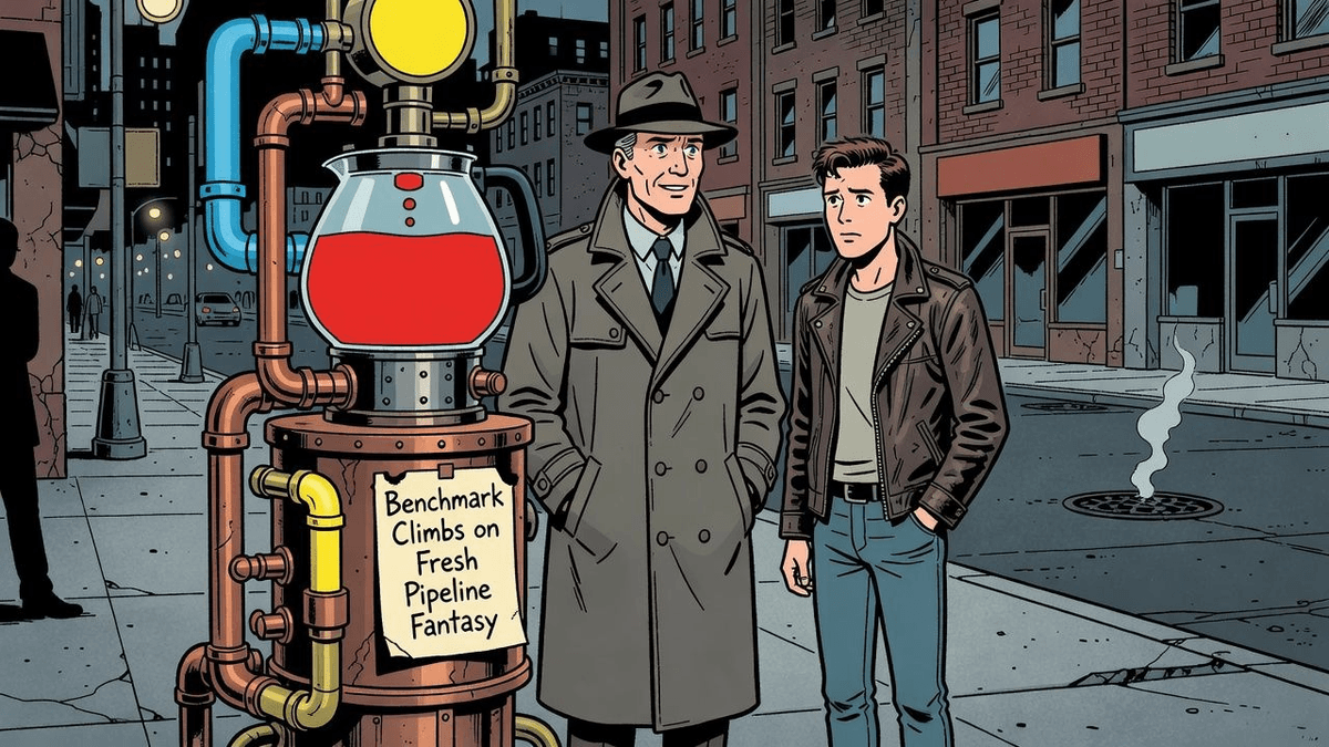 Benchmark Climbs on Fresh Pipeline Fantasy — Finance satirical illustration by Roast Station