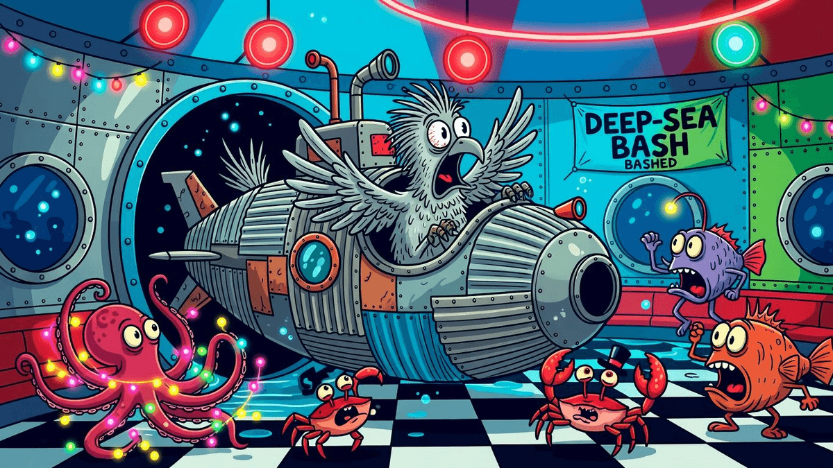 Bird Crashes Deep-Sea Party in Homemade Sub — Entertainment satirical illustration by Roast Station