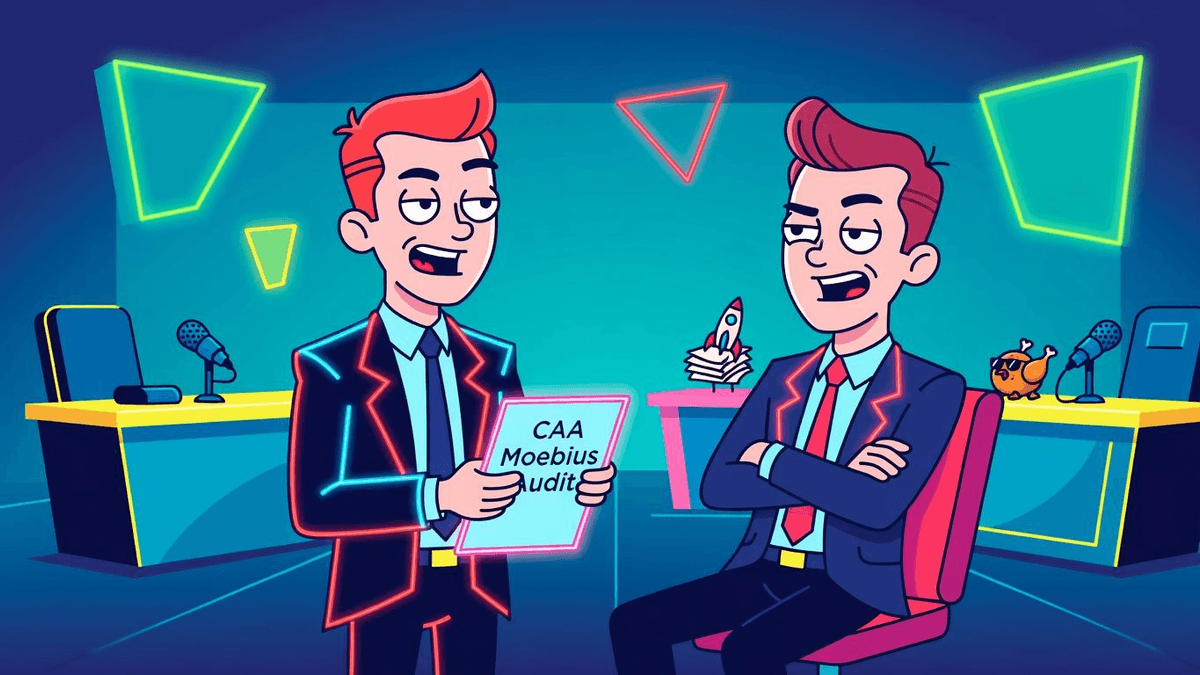 CAA Moebius Audit Clears Ten Graduating Storytellers — Entertainment satirical illustration by Roast Station