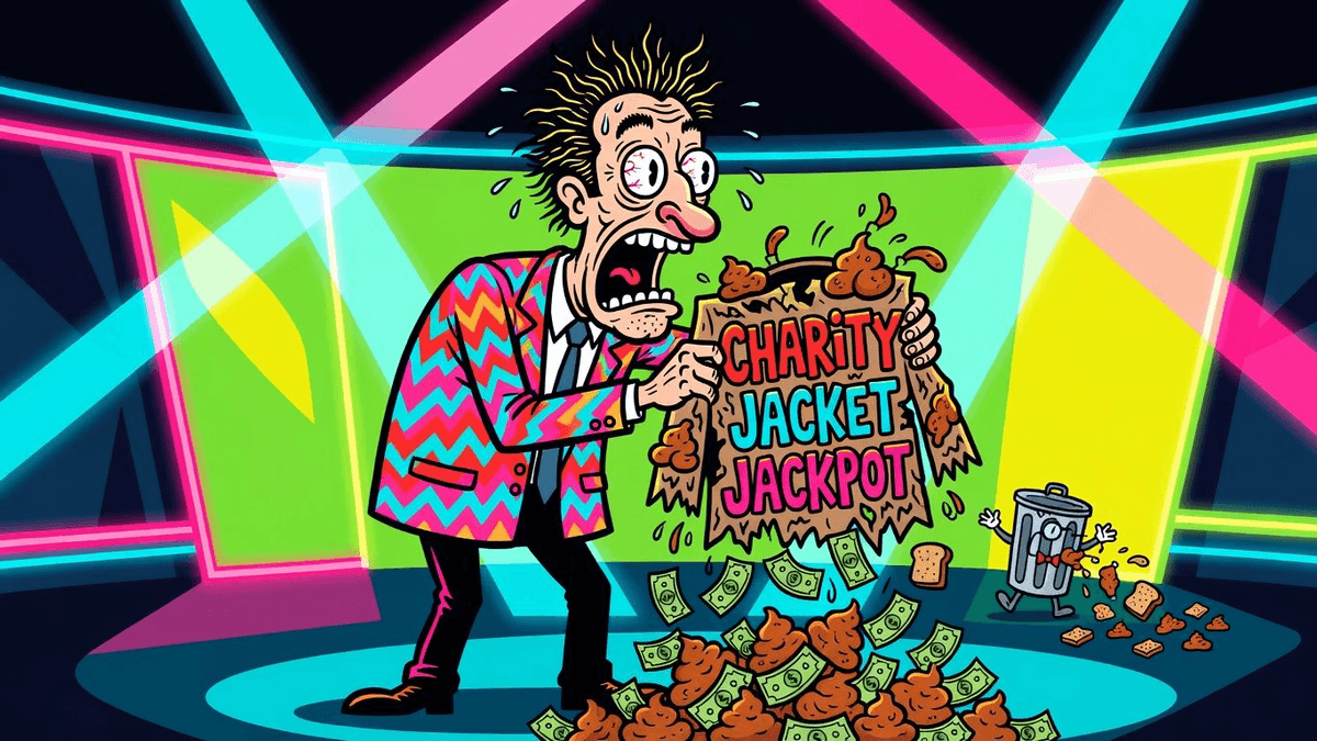 Charity Jacket Jackpot? More Like Pocket Poopshoot — Culture satirical illustration by Roast Station