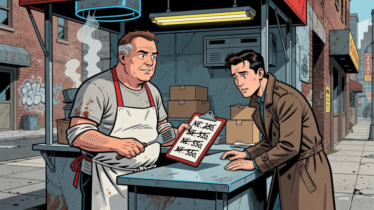 Cook Calls Pricing 'Unsustainable' Then Jacks It Up — Tech satirical illustration by Roast Station
