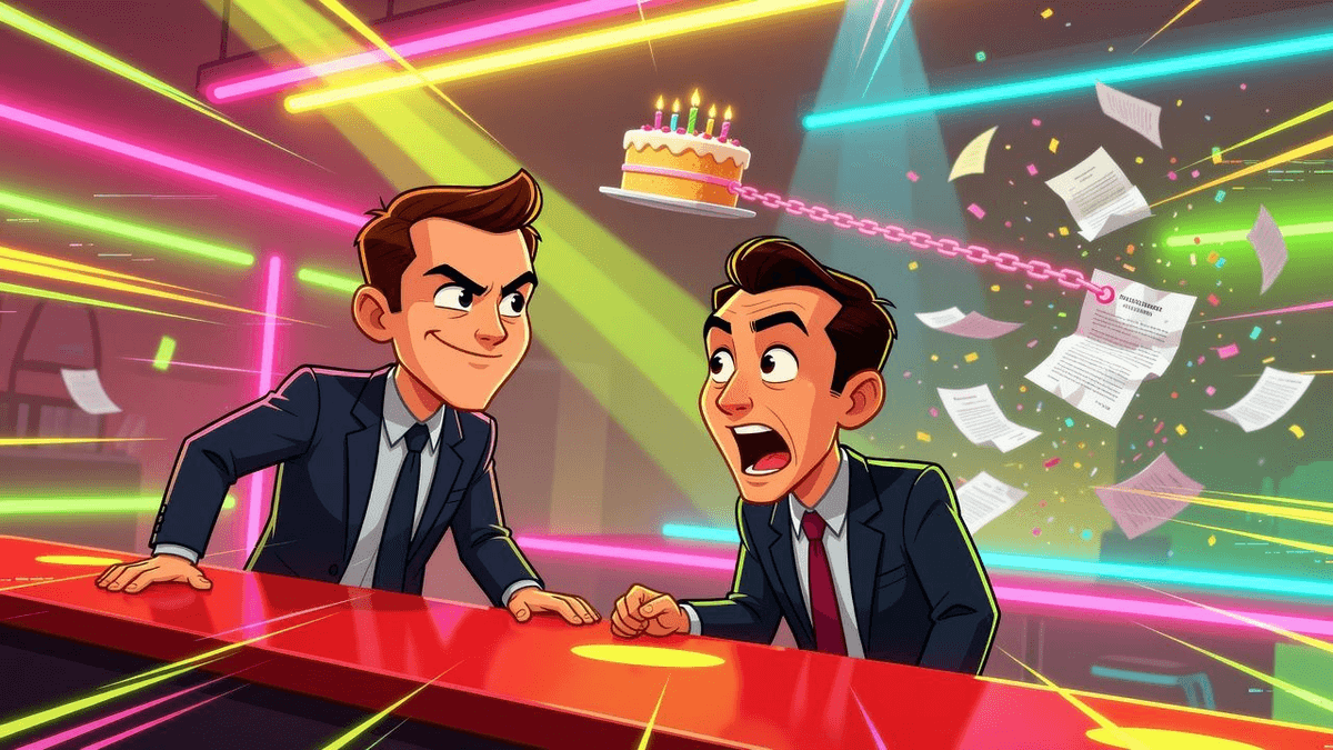 Divorce Finalized, Birthday Love Still on Payroll — Celebrities satirical illustration by Roast Station