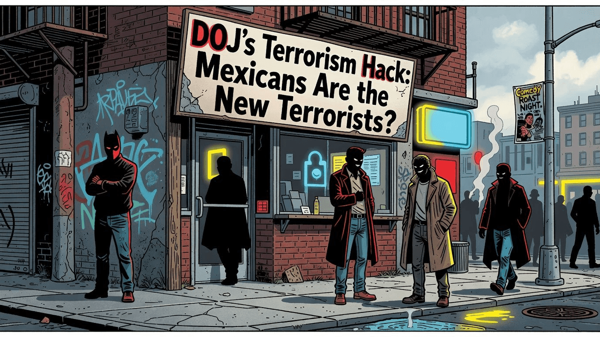 DOJ's Terrorism Hack: Mexicans Are the New Terrorists? — Politics satirical illustration by Roast Station