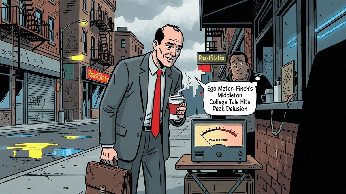 Ego Meter: Finch's Middleton College Tale Hits Peak Delusion — Celebrities satirical illustration · SPICY tier · Roast Station editorial