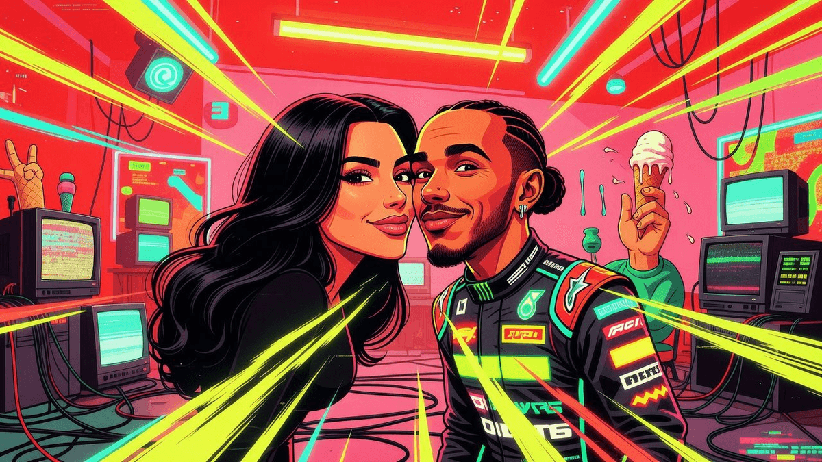 Ego Meter Spikes: Kardashian-Hamilton Monaco Makeout — Celebrities satirical illustration · SPICY tier · Roast Station editorial