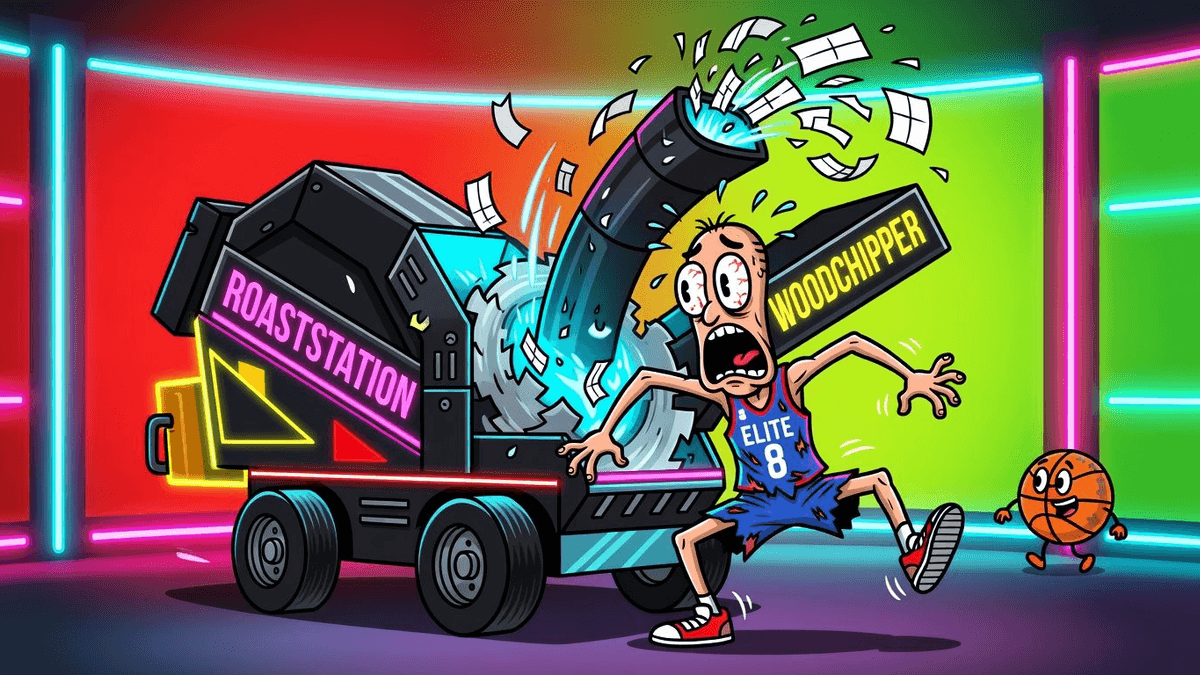 Elite 8 Evisceration: Brackets Meet the Woodchipper — Sports satirical illustration by Roast Station