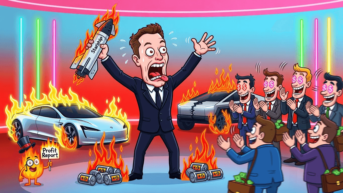 Elon's Circus: Fires Everywhere, Investors Clap — Finance satirical illustration by Roast Station