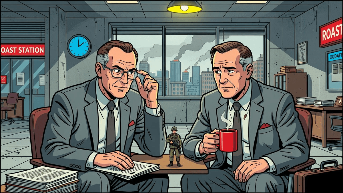 Fed and BOE Stay 'Guarded' While Iran War Burns On — Finance satirical illustration by Roast Station