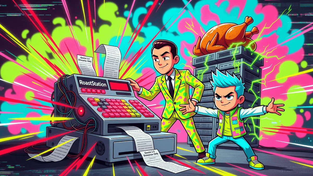 Google Hides Gemini 3.5 Upgrade Behind Enterprise Wall — Tech satirical illustration · SPICY tier · Roast Station editorial