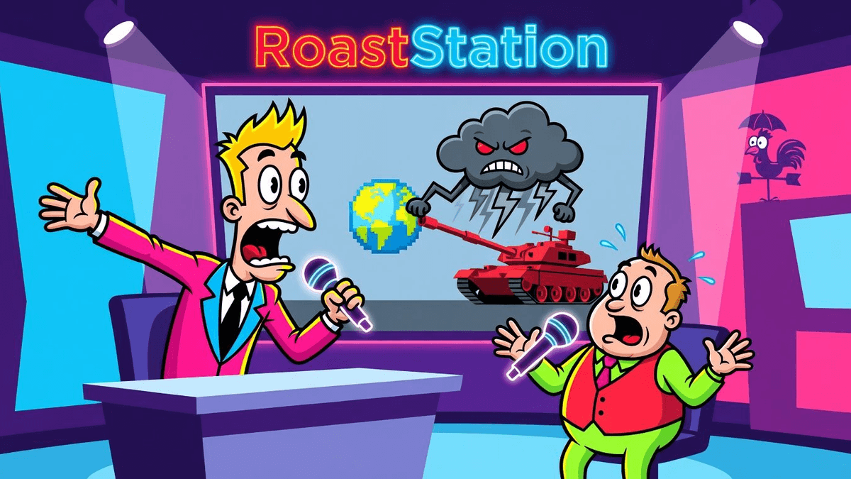 Google News Serves War with Weather — Tech satirical illustration by Roast Station