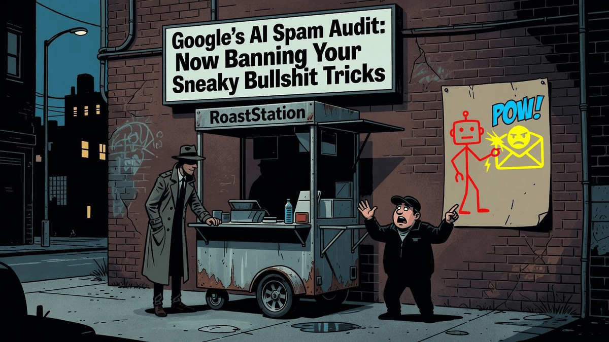 Google's AI Spam Audit: Now Banning Your Sneaky Bullshit Tricks — Tech satirical illustration by Roast Station