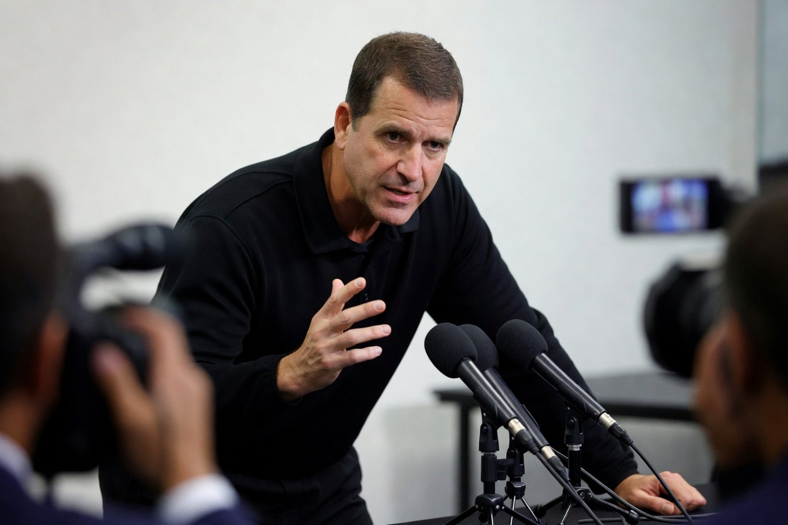 Harbaugh Threatened an Uncomfortable Presser — Sports satirical illustration by Roast Station