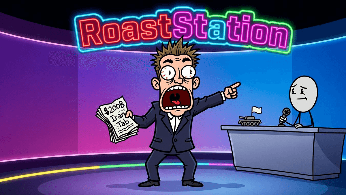 Hegseth: $200B Iran Tab 'Could Move' — Politics satirical illustration by Roast Station