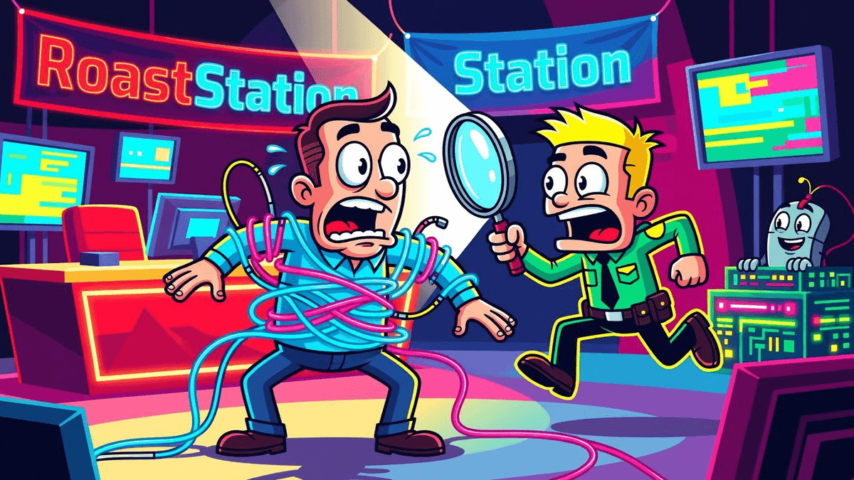 Hubby's Secret Online Alter Ego Sparks Security Circus — Tech satirical illustration by Roast Station