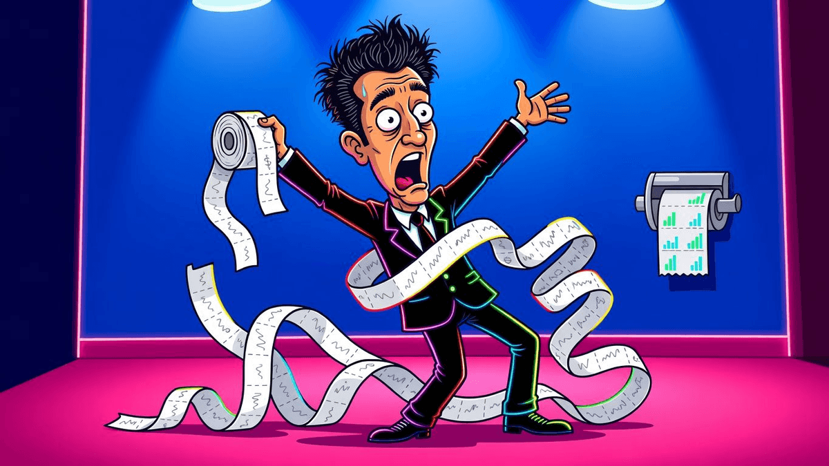 Indian Express Biz: Ticker Tape Toilet Paper — Finance satirical illustration by Roast Station