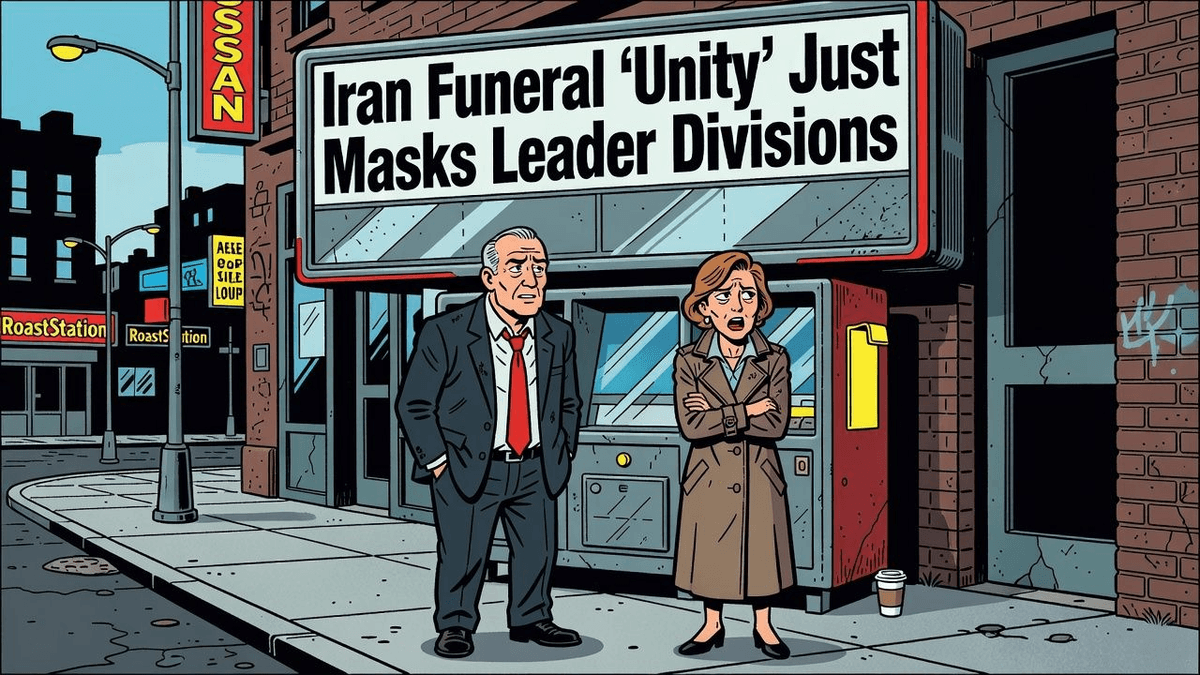 Iran Funeral 'Unity' Just Masks Leader Divisions — Politics satirical illustration · SPICY tier · Roast Station editorial