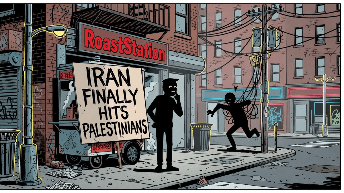 Iran Finally Hits Palestinians — World satirical illustration by Roast Station