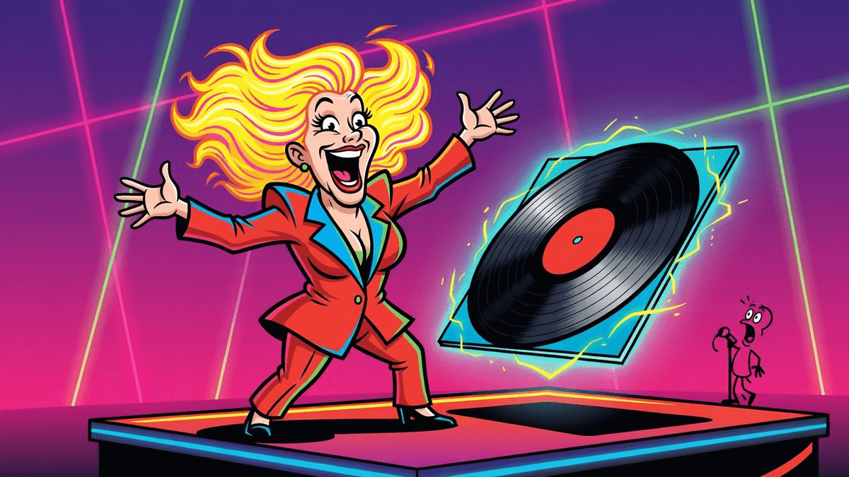 Jane McDonald’s 11th Album Cruises to #1 – Physics Defied — Entertainment satirical illustration by Roast Station