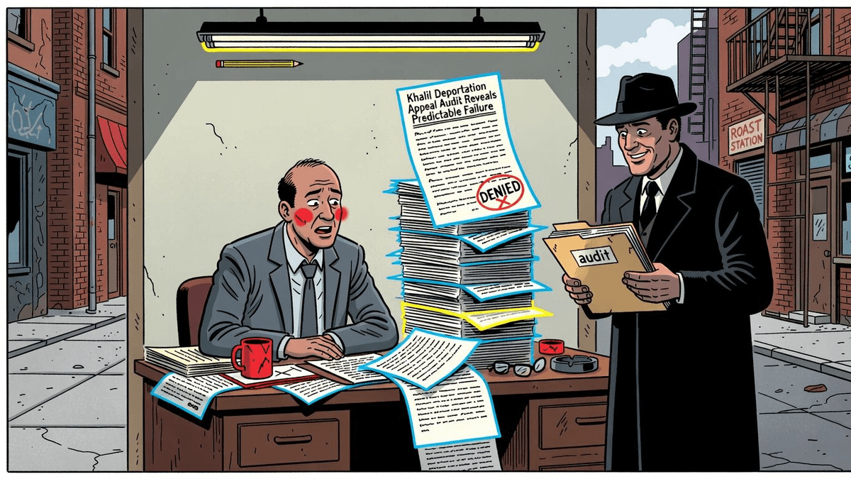 Khalil Deportation Appeal Audit Reveals Predictable Failure — Politics satirical illustration by Roast Station