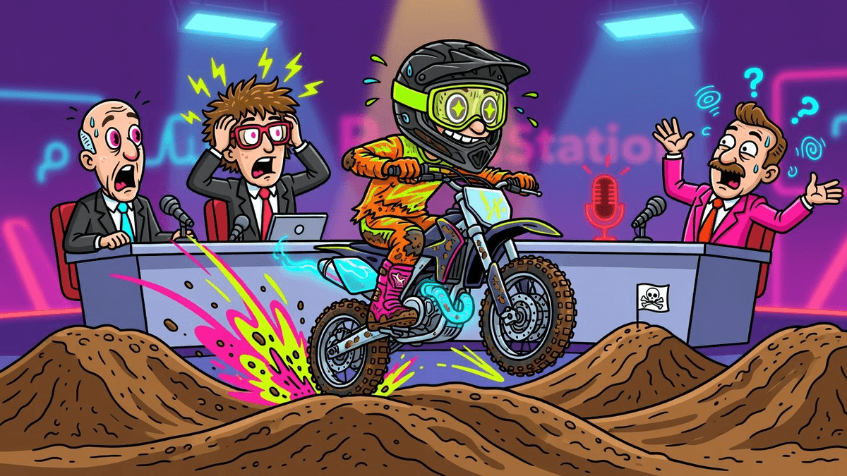 Kid Conquers Motocross Whoops, Experts Lose Their Minds — Sports satirical illustration by Roast Station