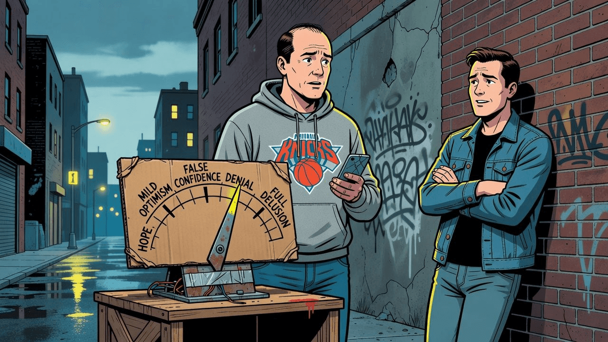 Knicks Ego Meter Climbs From Hope to Full Delusion — Sports satirical illustration by Roast Station