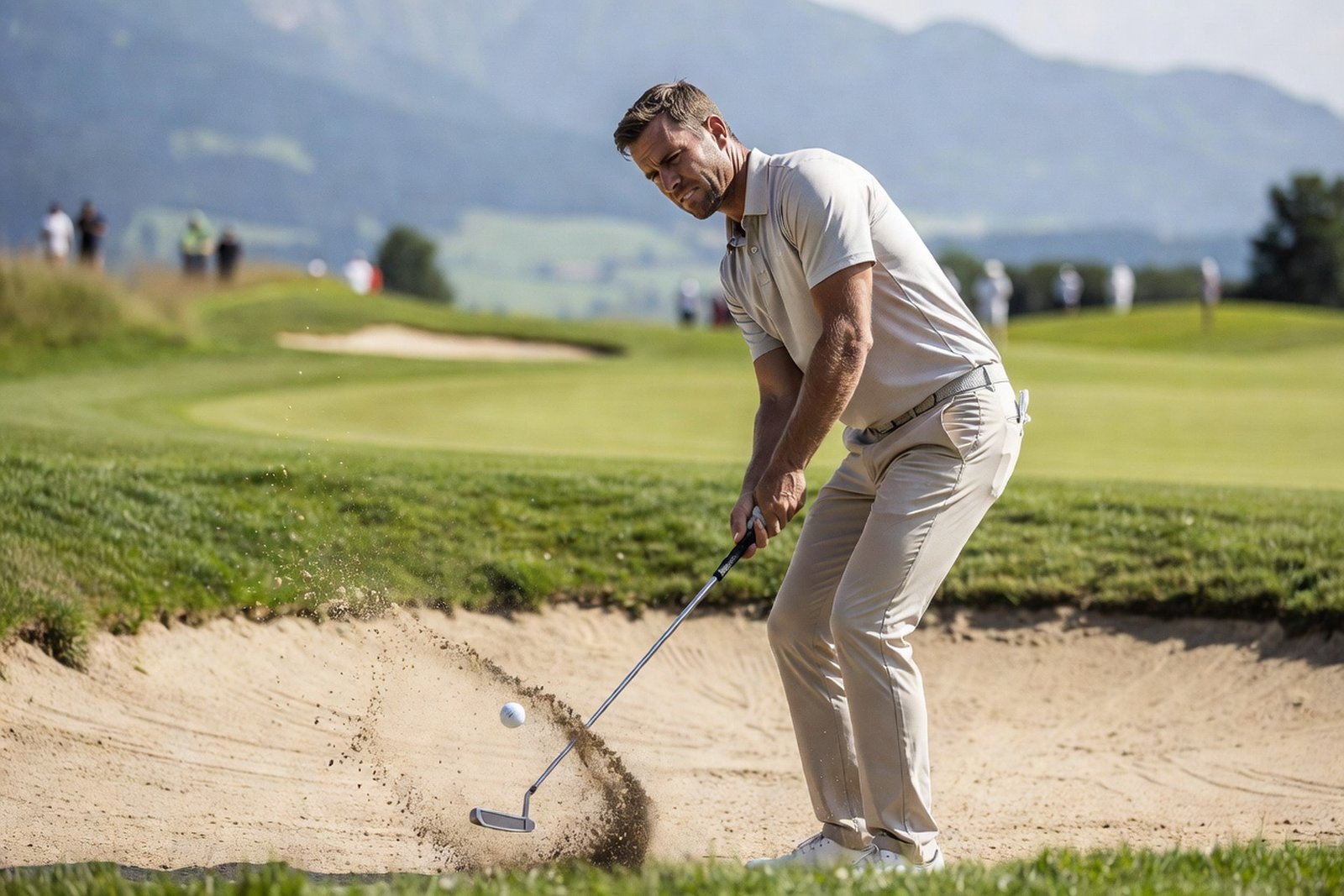 Lawrence Putted from a Bunker at Crans-sur-Sierre — Sports satirical illustration · SPICY tier · Roast Station editorial