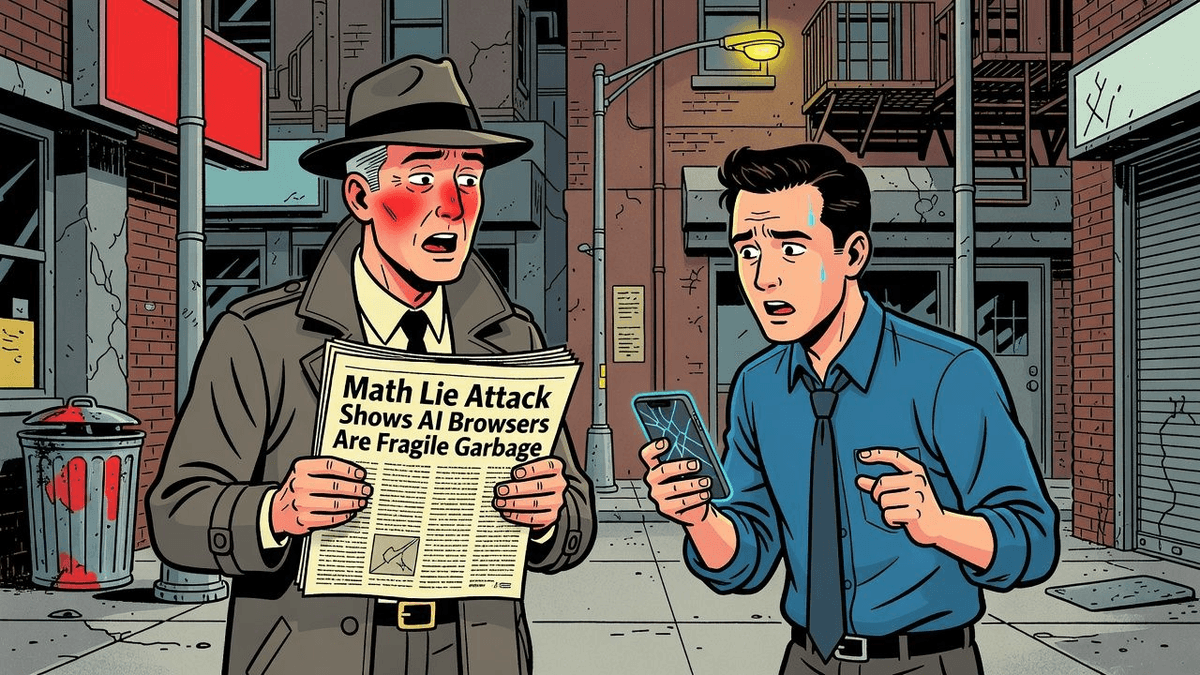 Math Lie Attack Shows AI Browsers Are Fragile Garbage — Tech satirical illustration by Roast Station