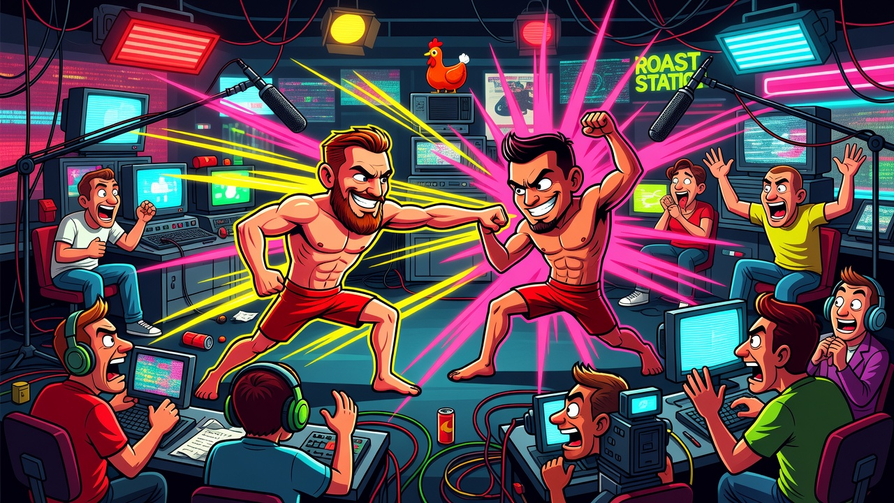 McGregor vs Holloway Rematch Livestream: Pure Fiction, Zero Belts — Sports satirical illustration · SPICY tier · Roast Station editorial