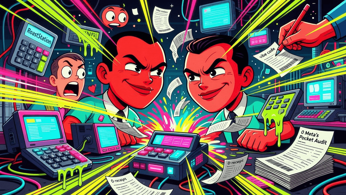 Meta's Pocket Audit: Vibe-Coded Games, Zero Receipts — Tech satirical illustration by Roast Station