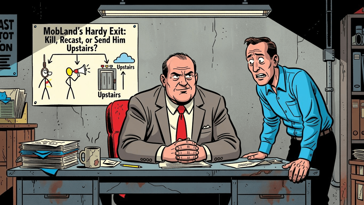 MobLand's Hardy Exit: Kill, Recast, or Send Him Upstairs? — Entertainment satirical illustration by Roast Station