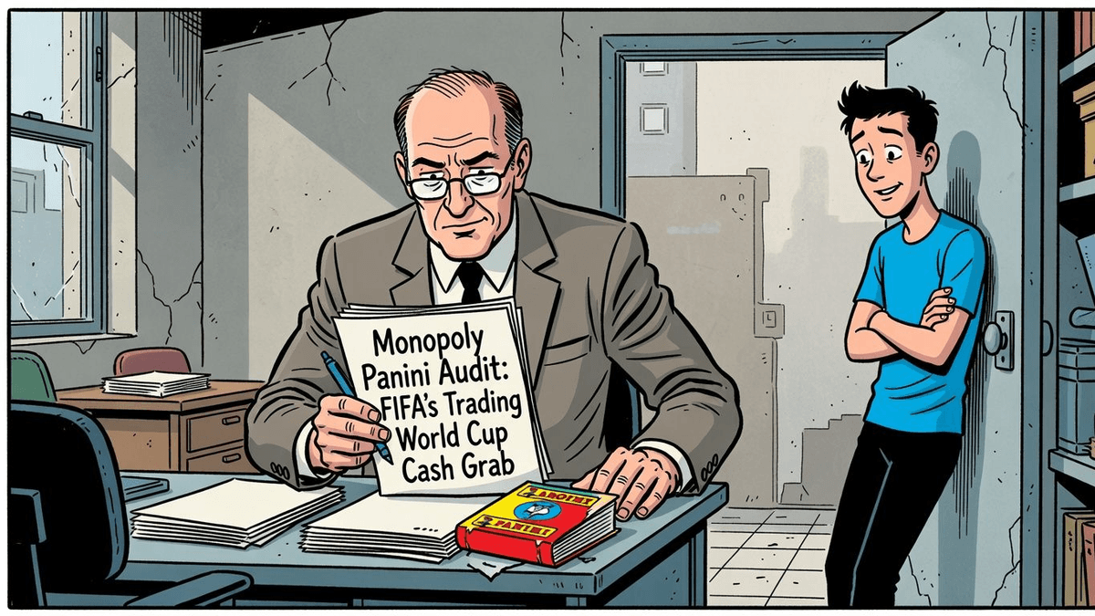Monopoly Panini Audit: FIFA's Trading World Cup Cash Grab — Sports satirical illustration by Roast Station