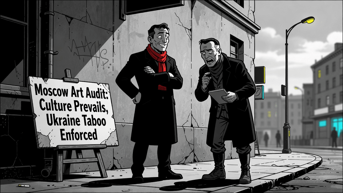 Moscow Art Audit: Culture Prevails, Ukraine Taboo Enforced — World satirical illustration by Roast Station