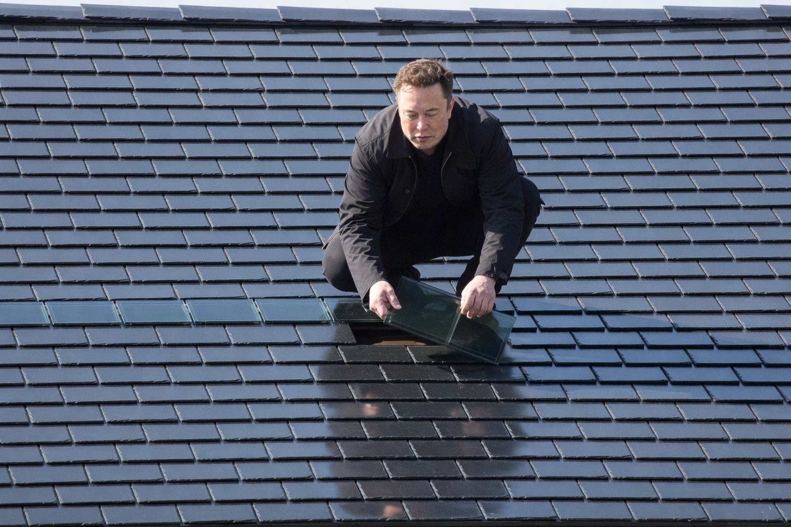 Musk Killed the Tile Roof at Tesla Energy — Tech satirical illustration · SPICY tier · Roast Station editorial